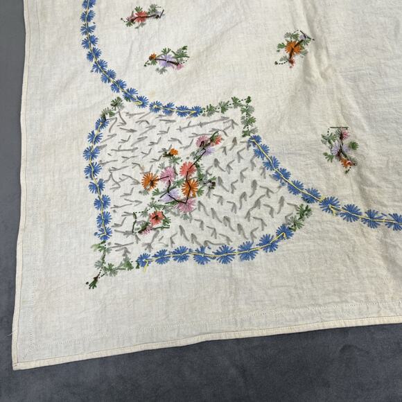 Vtg Hand Embroidered Tablecloth 58 x 66.5” Ivory Cloth With Floral Embroidery FS - Picture 9 of 10